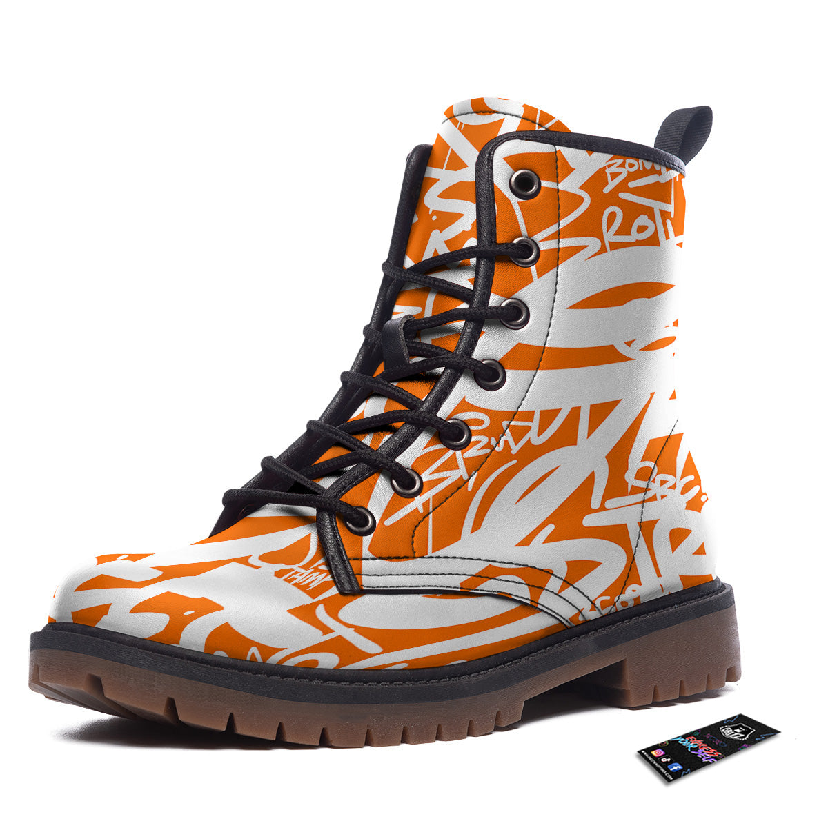 Orange Urban Graffiti Text Print Pattern Work Boots-grizzshop