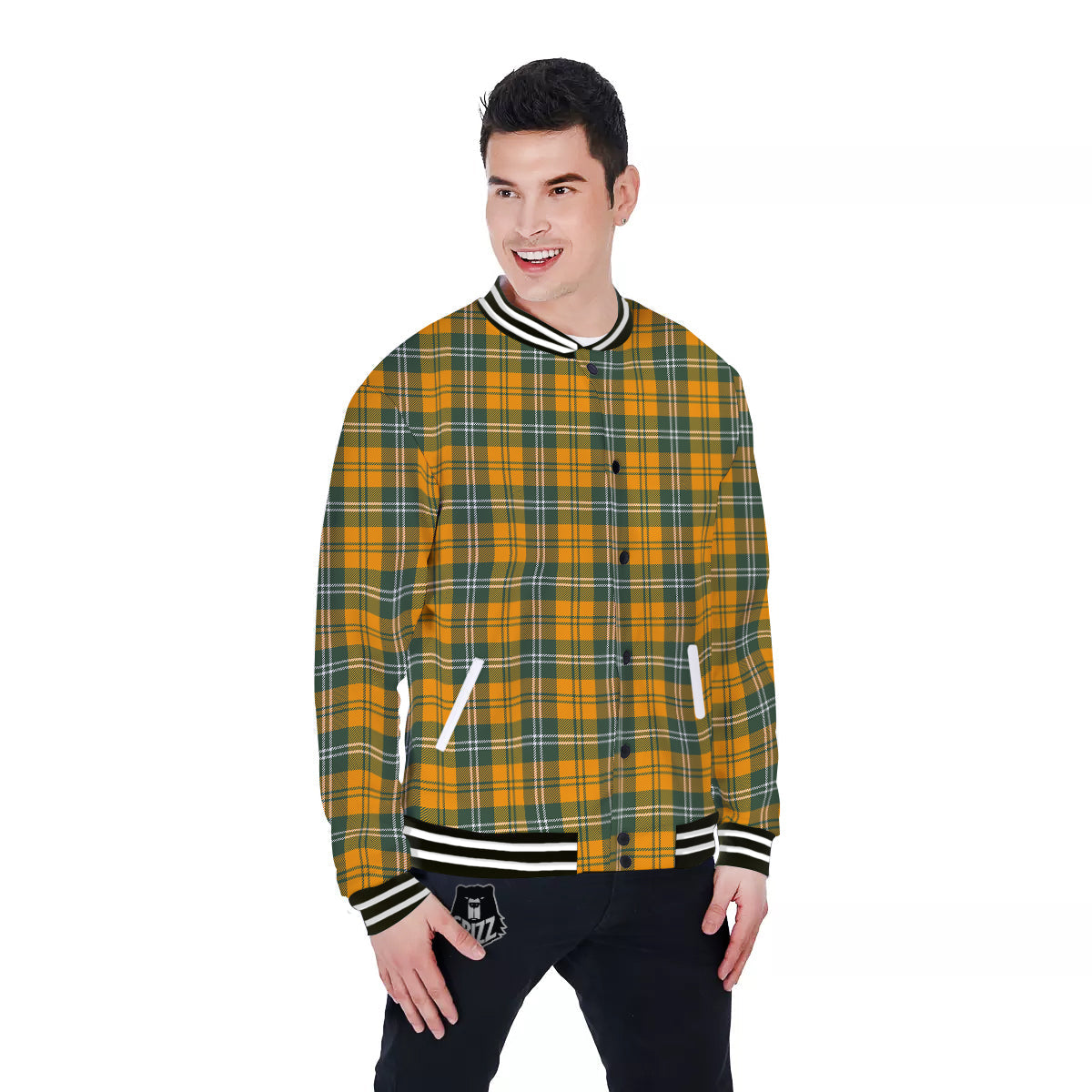 Orange White And Green Plaid Print Pattern Baseball Jacket-grizzshop