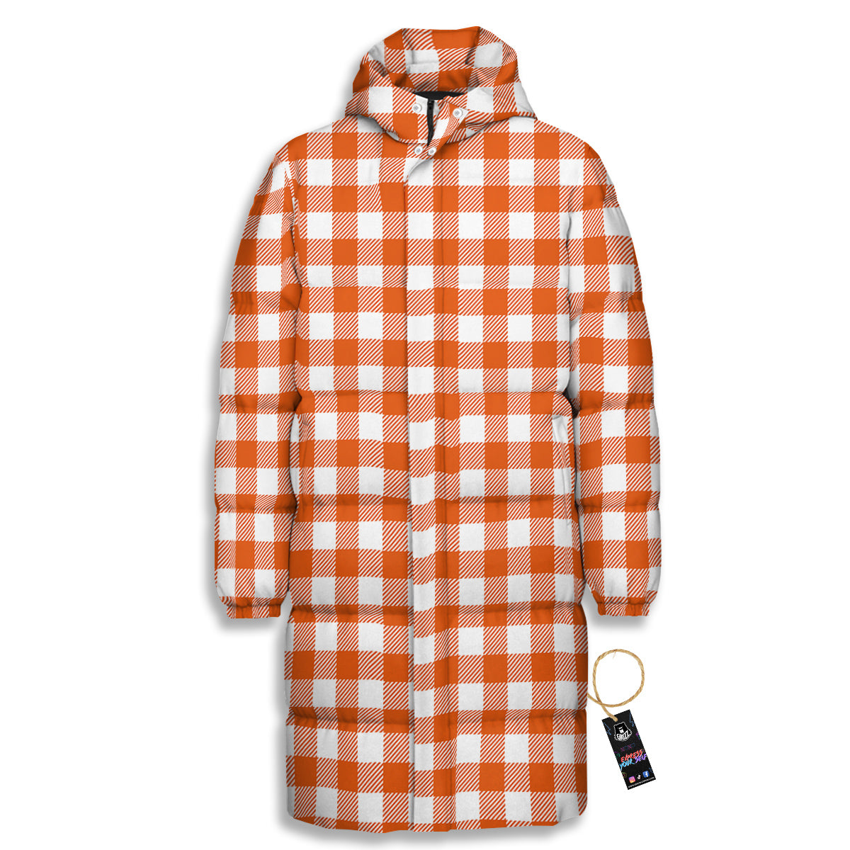 Orange Burnt And White Check Print Long Down Jacket