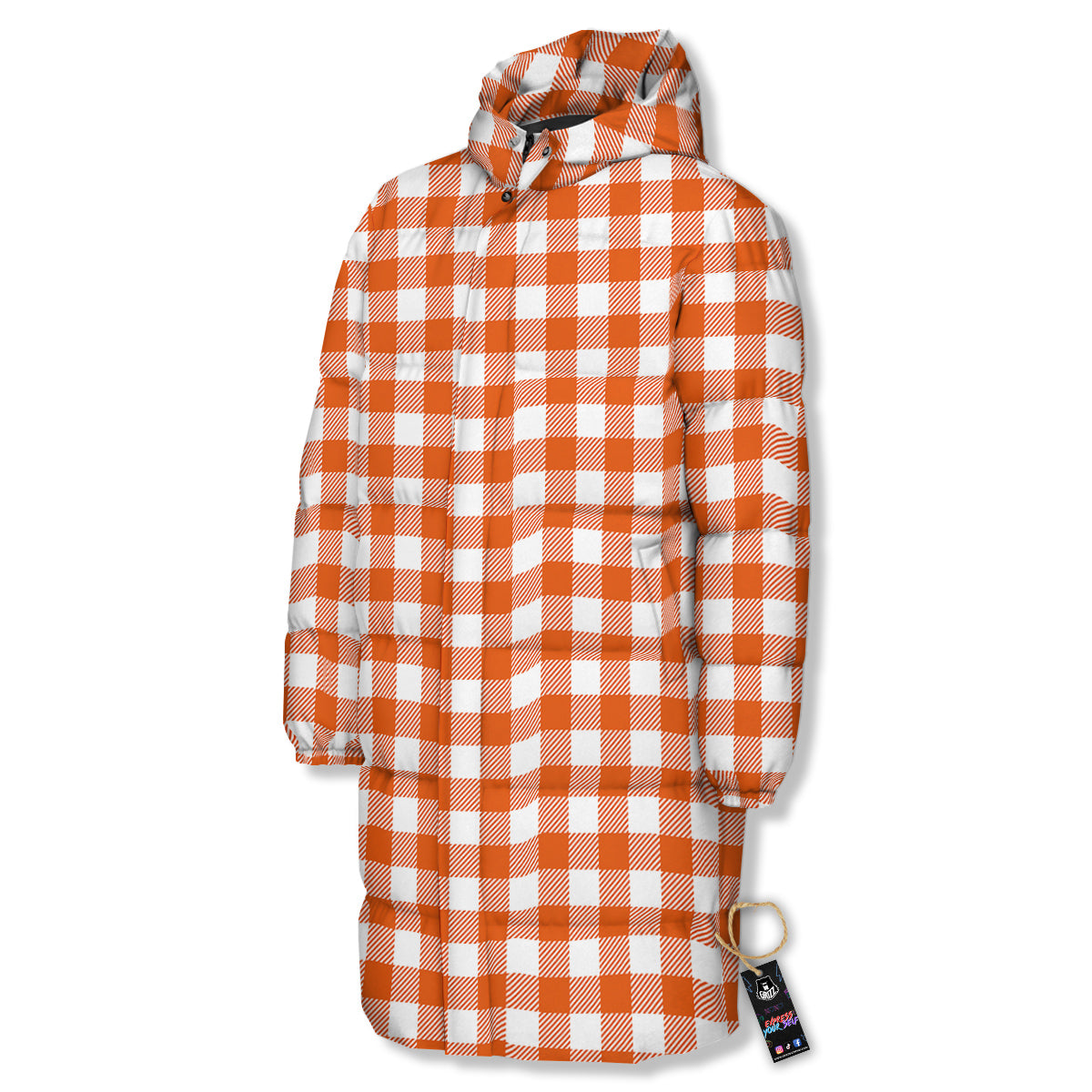 Orange Burnt And White Check Print Long Down Jacket