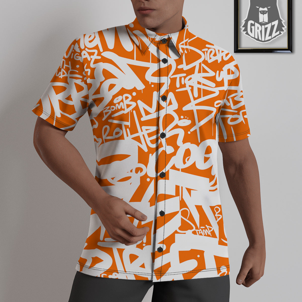 Orange Urban Graffiti Text Print Pattern Untucked Shirts-grizzshop