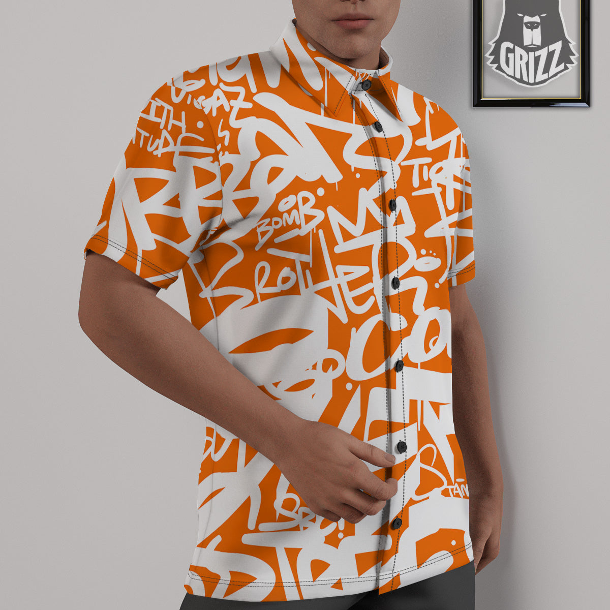 Orange Urban Graffiti Text Print Pattern Untucked Shirts-grizzshop