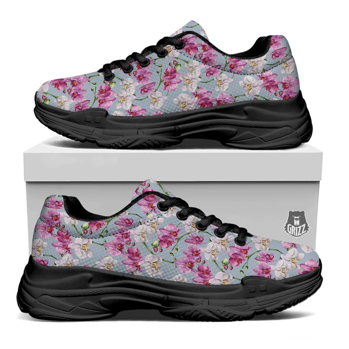 Orchid Cute Print Black Chunky Shoes-grizzshop