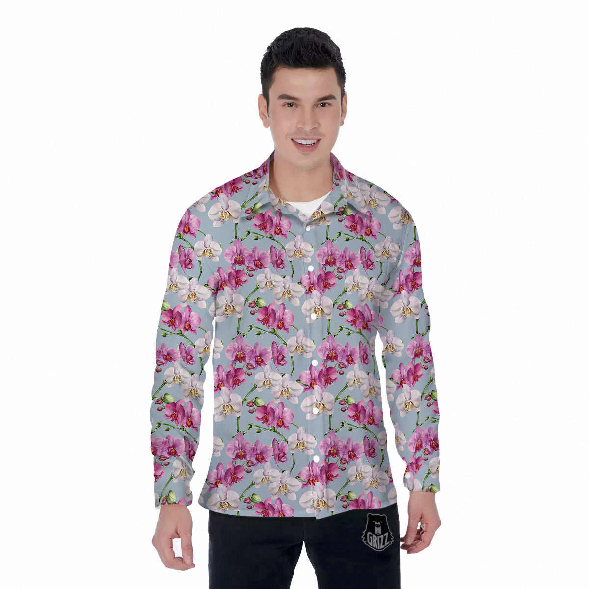 Orchid Cute Print Men's Long Sleeve Shirts-grizzshop