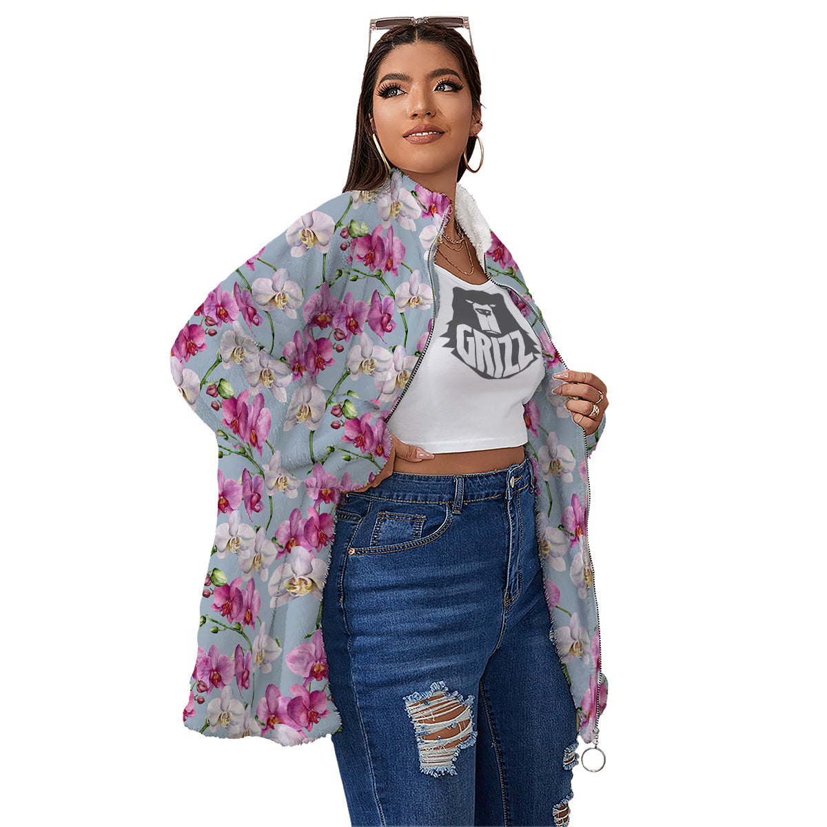 Orchid Cute Print Women's Sherpa Jacket-grizzshop