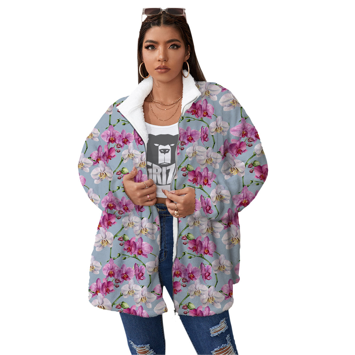 Orchid Cute Print Women's Sherpa Jacket-grizzshop