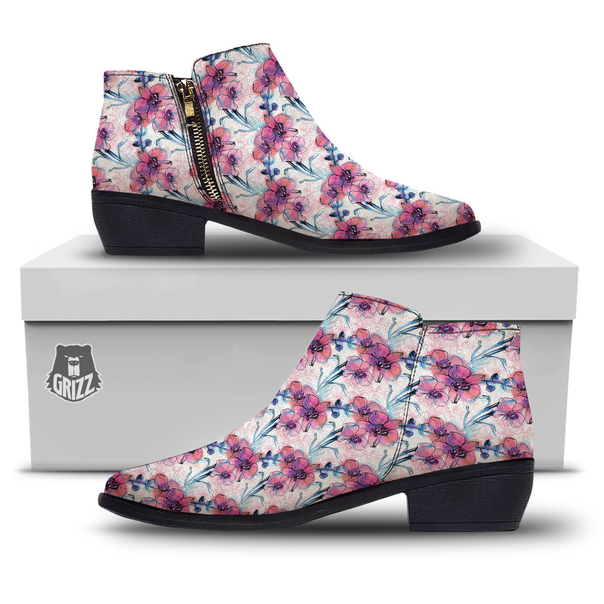 Orchid Drawing Print Pattern Ankle Boots-grizzshop