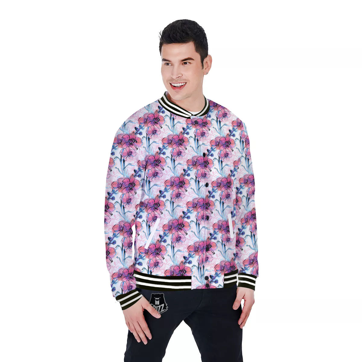 Orchid Drawing Print Pattern Baseball Jacket-grizzshop