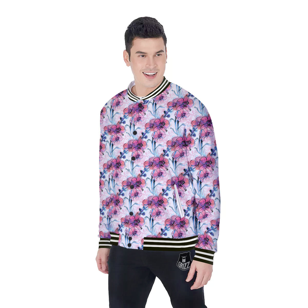 Orchid Drawing Print Pattern Baseball Jacket-grizzshop