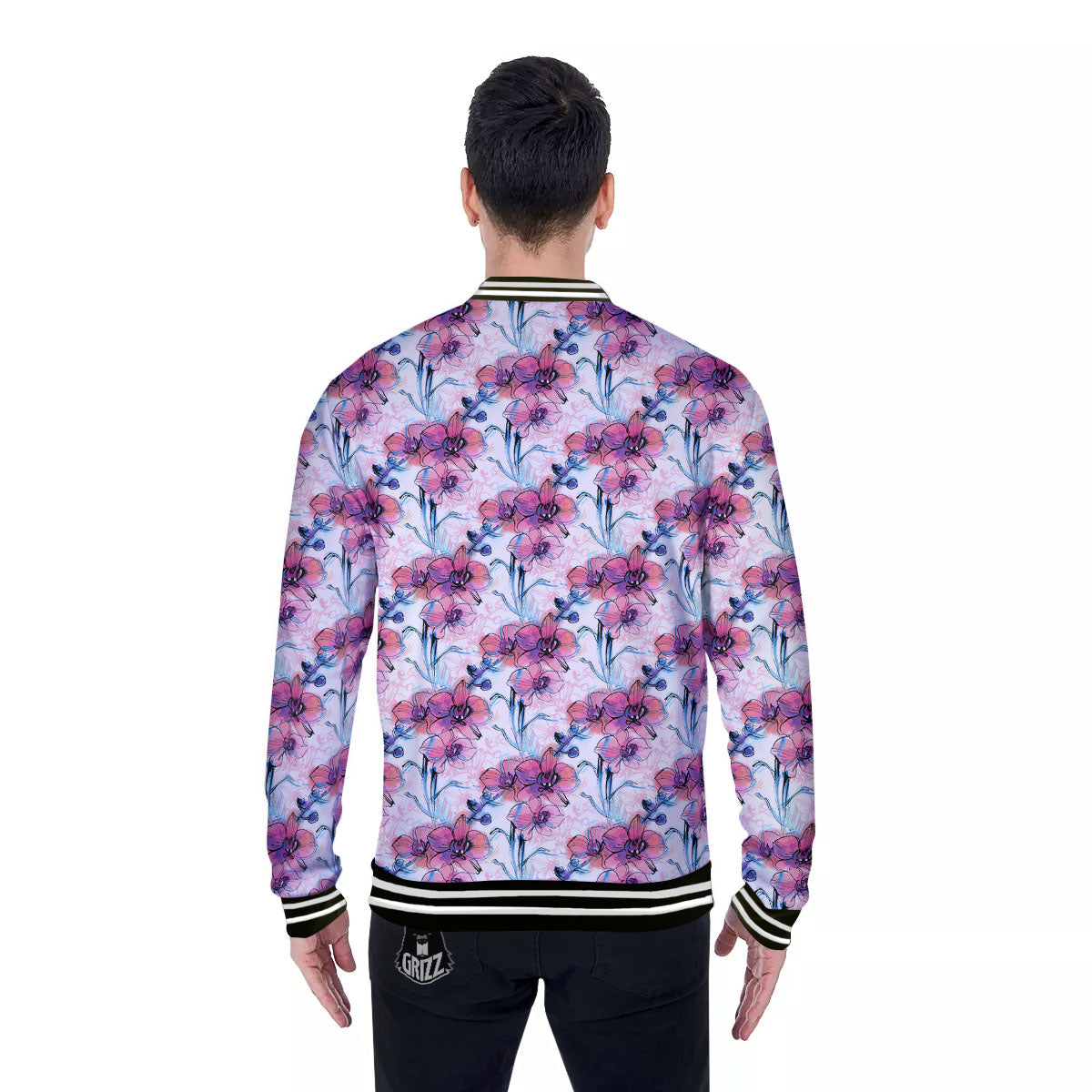 Orchid Drawing Print Pattern Baseball Jacket-grizzshop