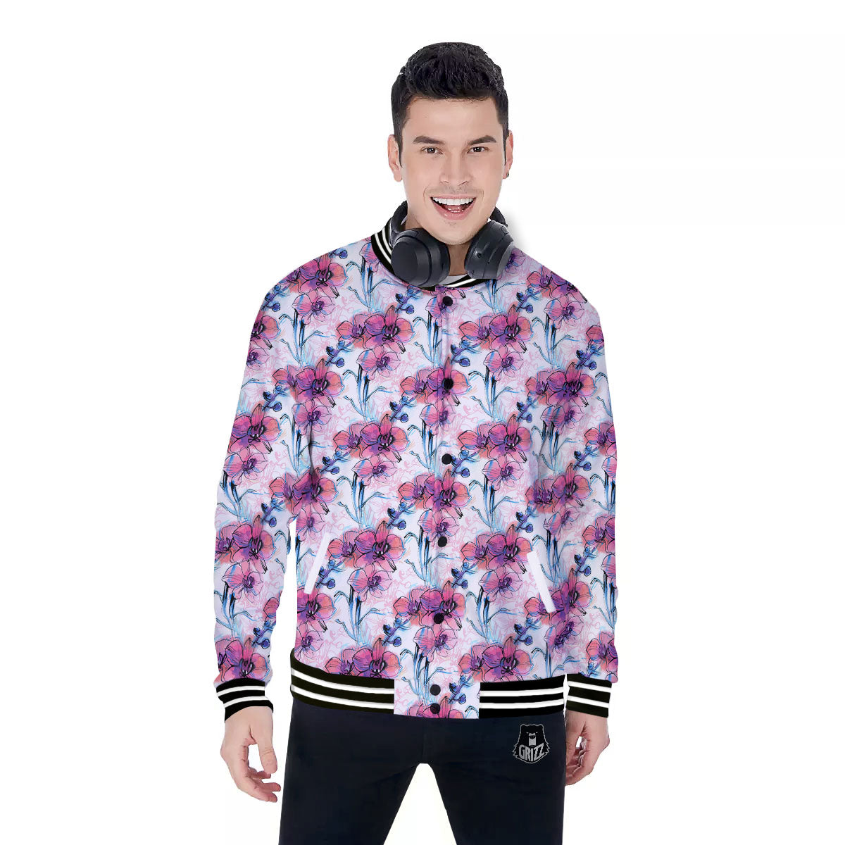 Orchid Drawing Print Pattern Baseball Jacket-grizzshop