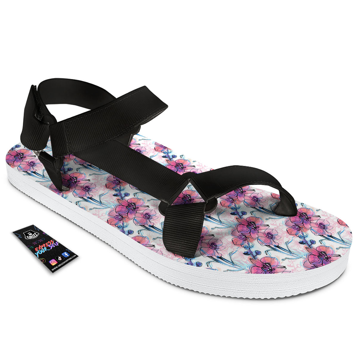 Orchid Drawing Print Pattern Black Open Toe Sandals-grizzshop