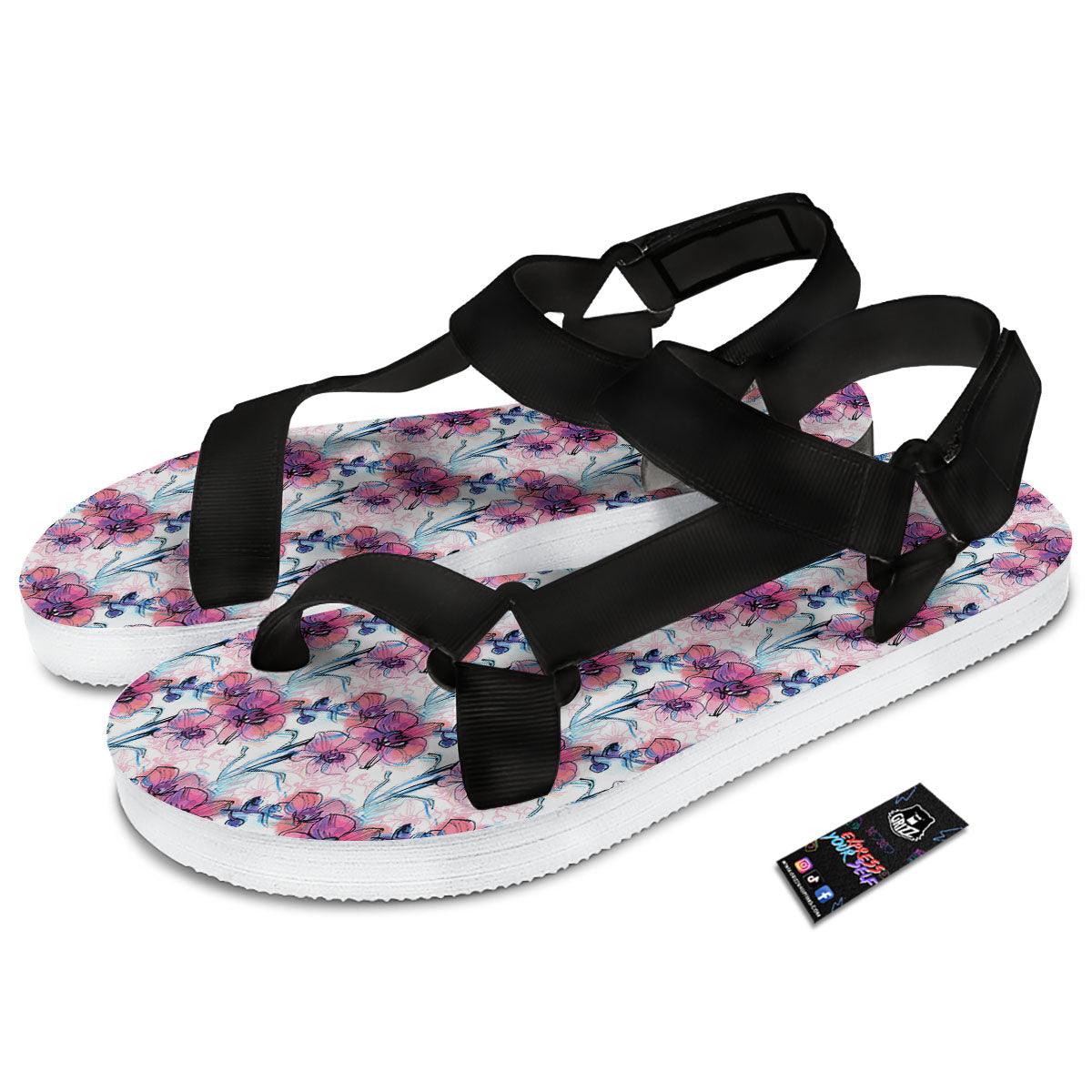 Orchid Drawing Print Pattern Black Open Toe Sandals-grizzshop