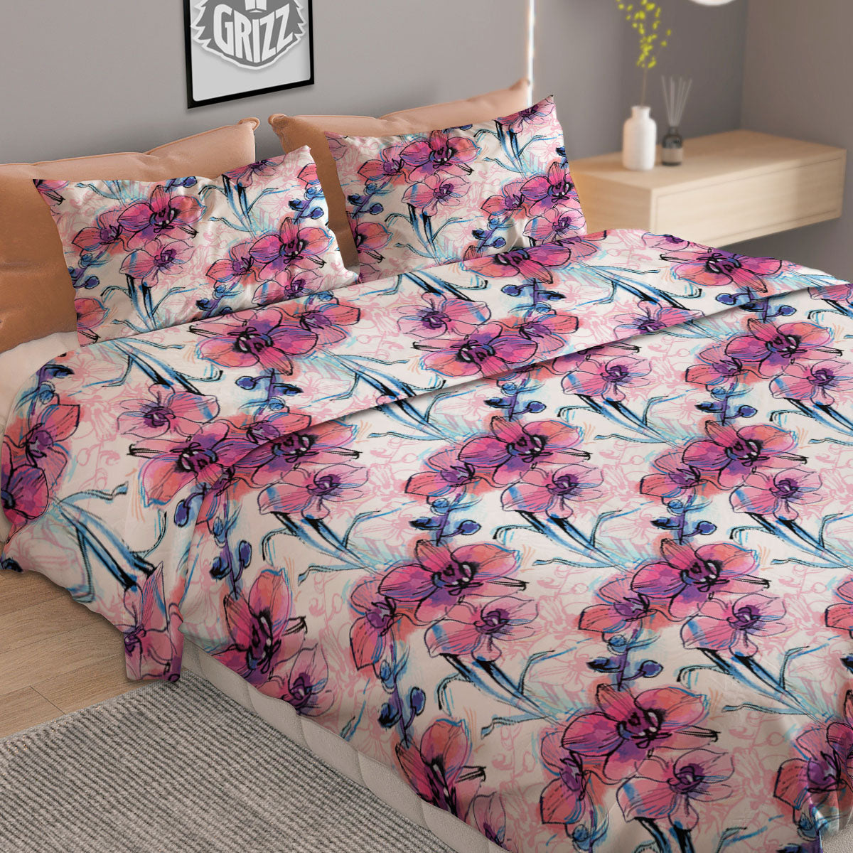 Orchid Drawing Print Pattern Duvet Cover Bedding Set