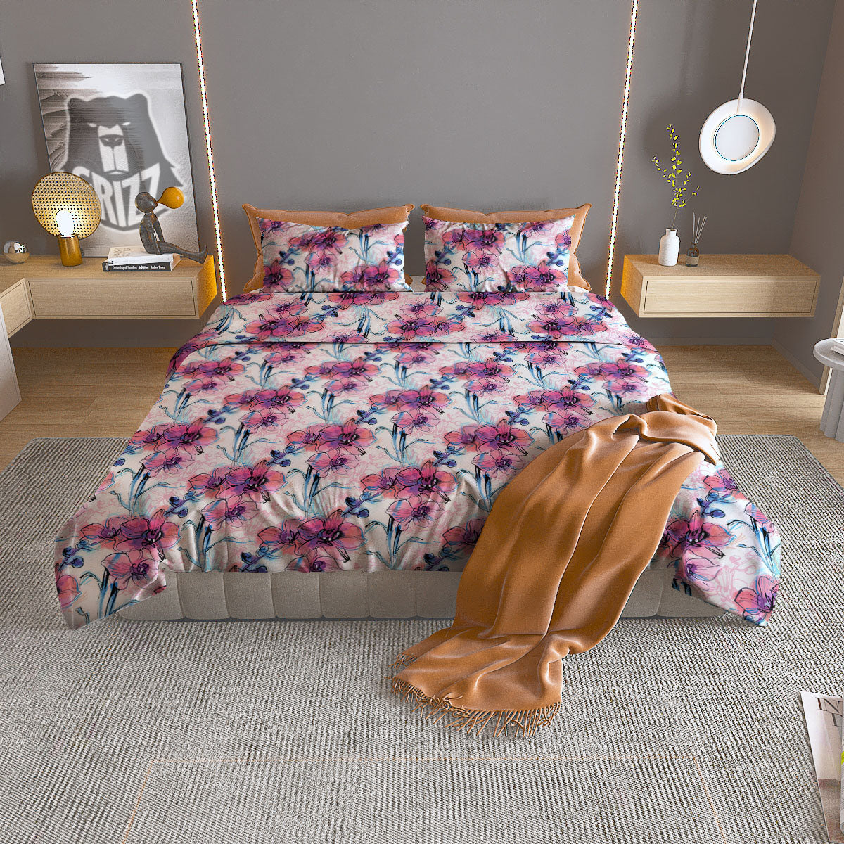 Orchid Drawing Print Pattern Duvet Cover Bedding Set