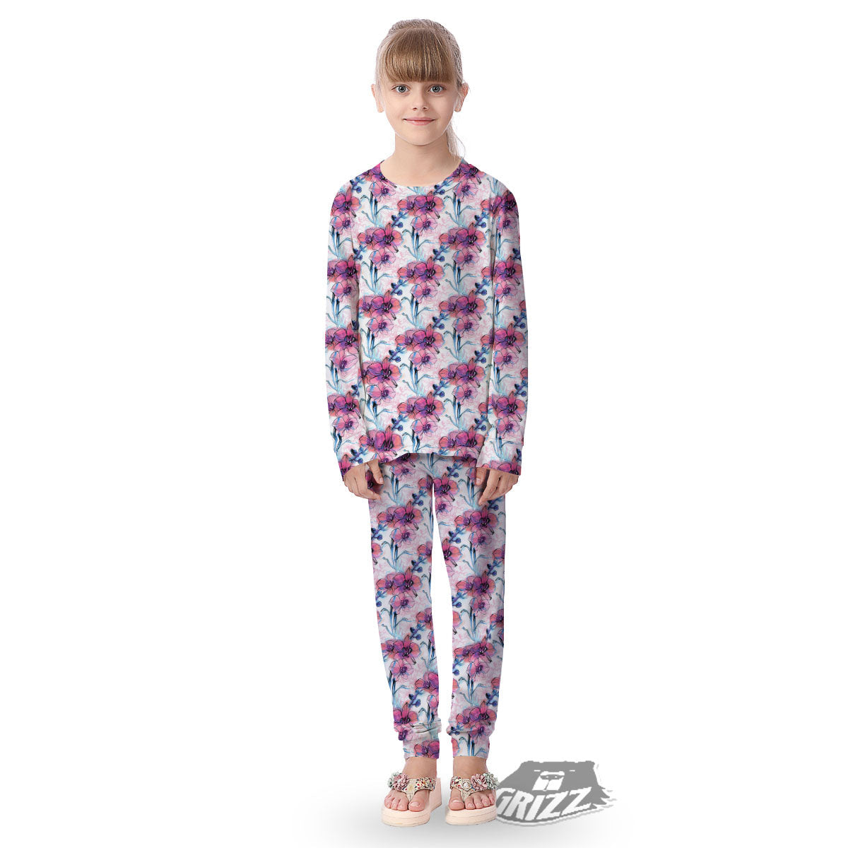 Orchid Drawing Print Pattern Kid's Pajamas-grizzshop