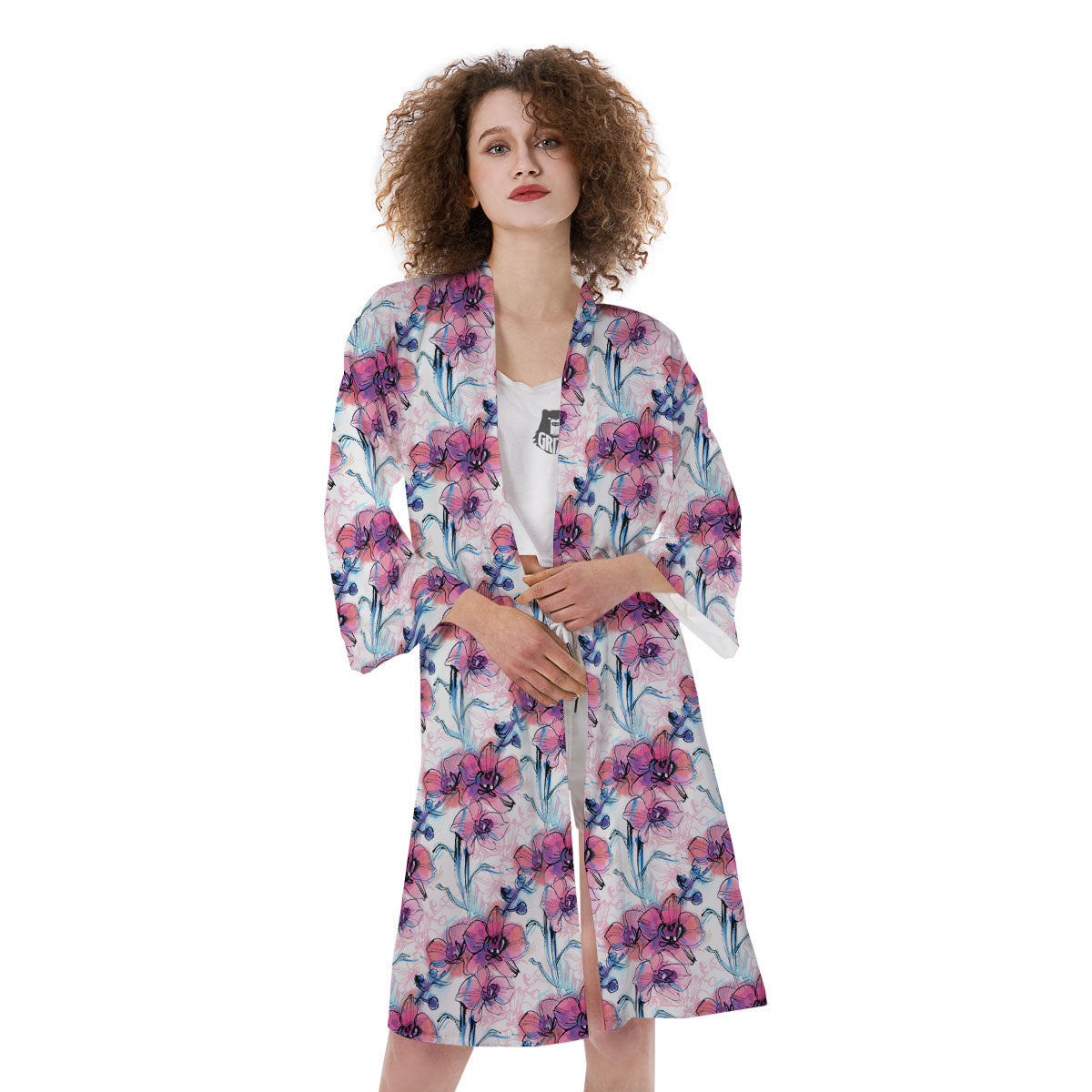 Orchid Drawing Print Pattern Kimono-grizzshop