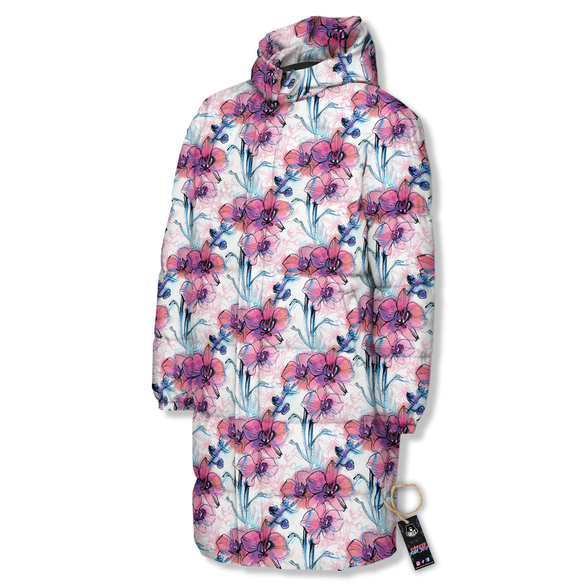 Orchid Drawing Print Pattern Long Down Jacket-grizzshop