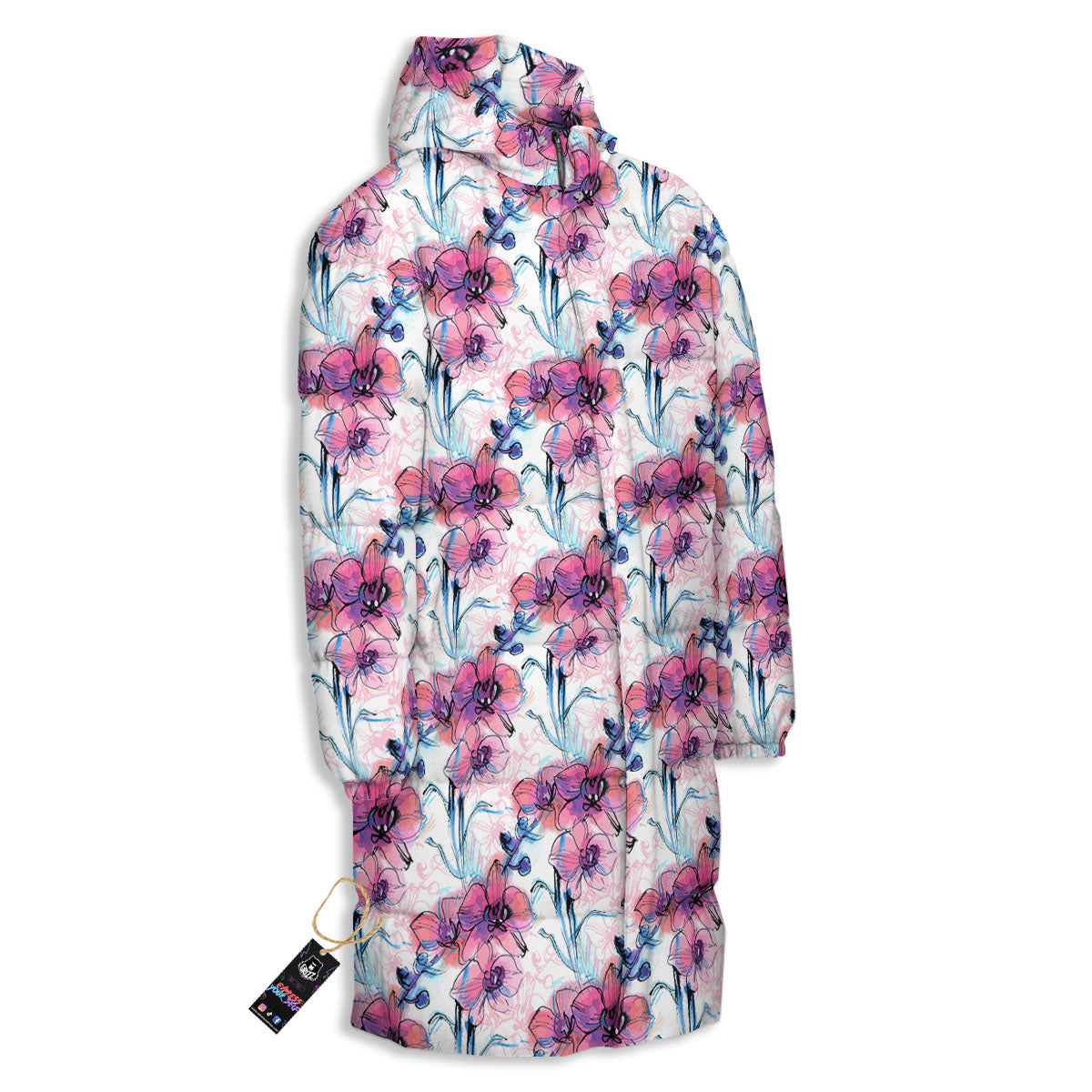 Orchid Drawing Print Pattern Long Down Jacket-grizzshop