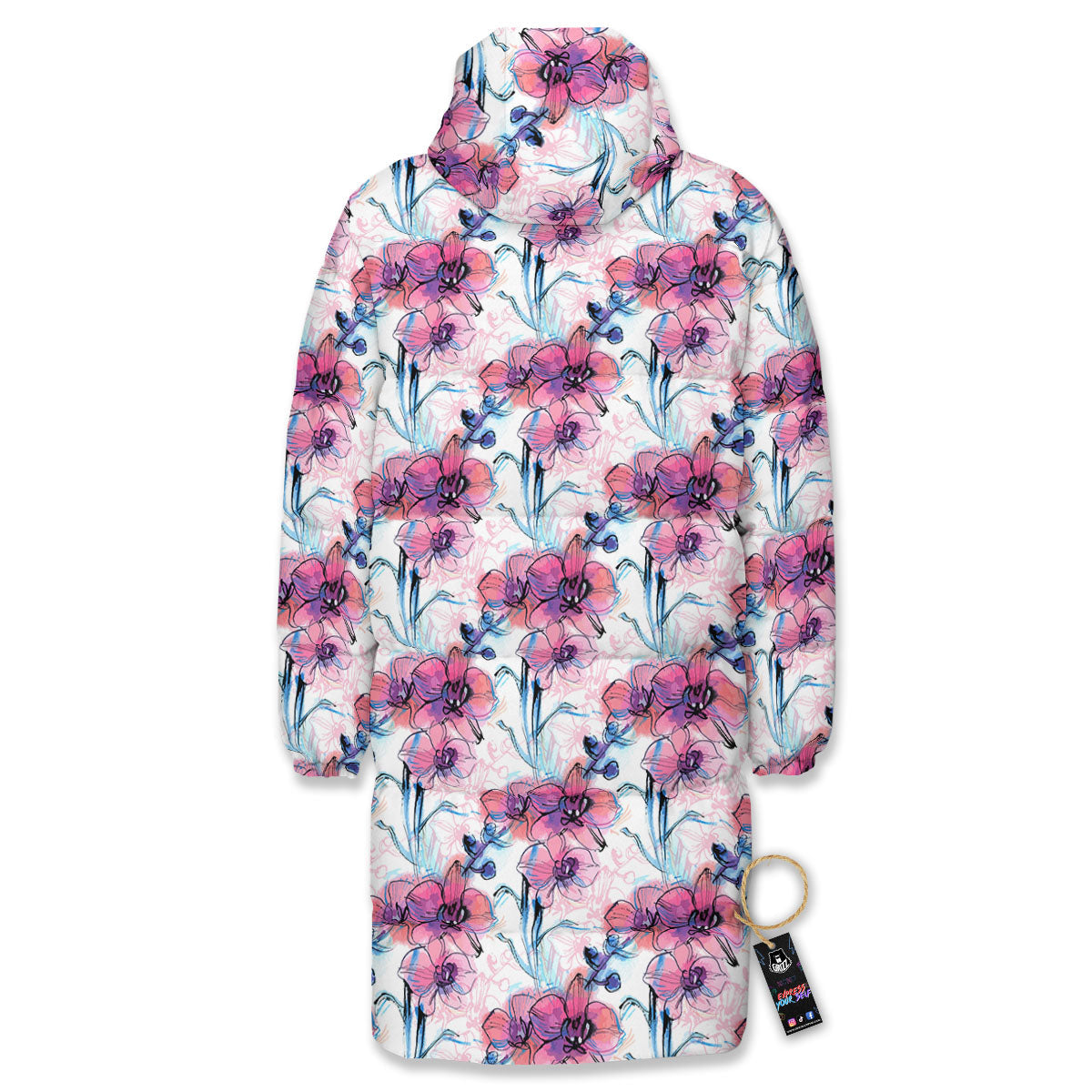Orchid Drawing Print Pattern Long Down Jacket-grizzshop