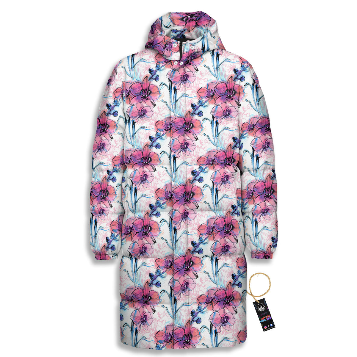Orchid Drawing Print Pattern Long Down Jacket-grizzshop