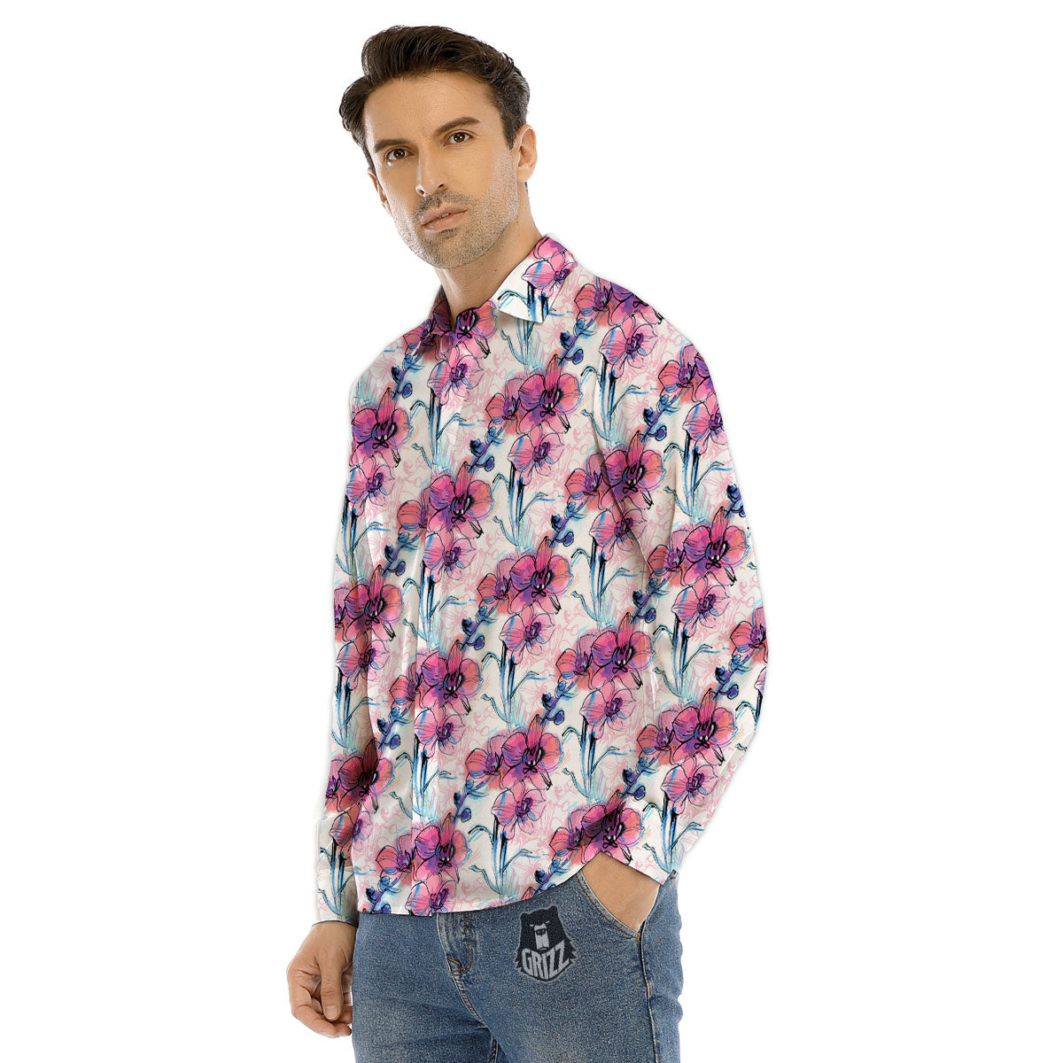 Orchid Drawing Print Pattern Men's Dress Shirts-grizzshop
