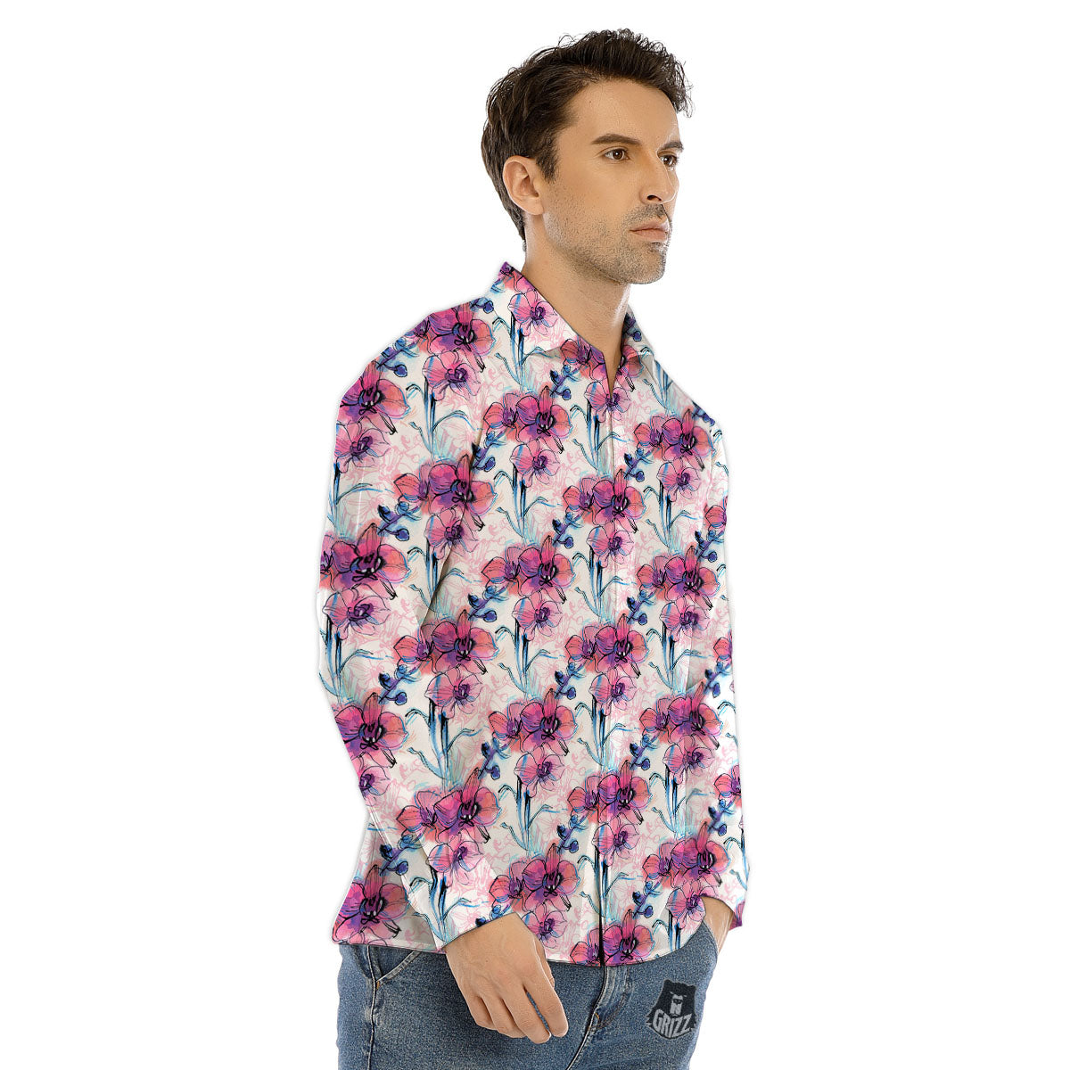 Orchid Drawing Print Pattern Men's Dress Shirts-grizzshop