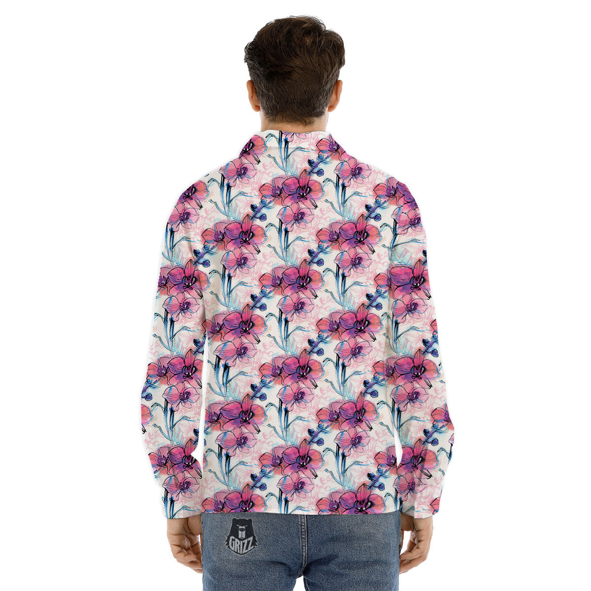 Orchid Drawing Print Pattern Men's Dress Shirts-grizzshop