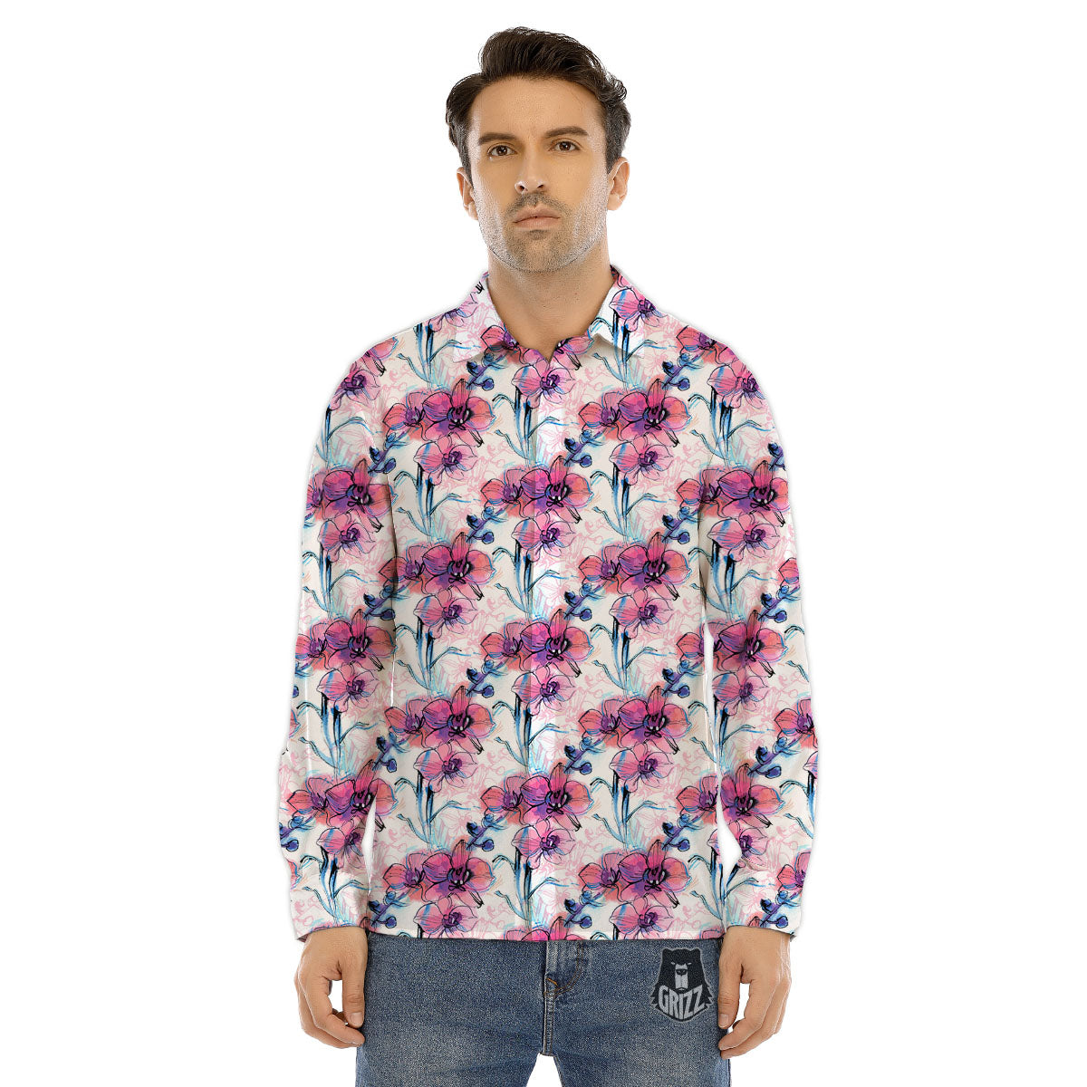 Orchid Drawing Print Pattern Men's Dress Shirts-grizzshop