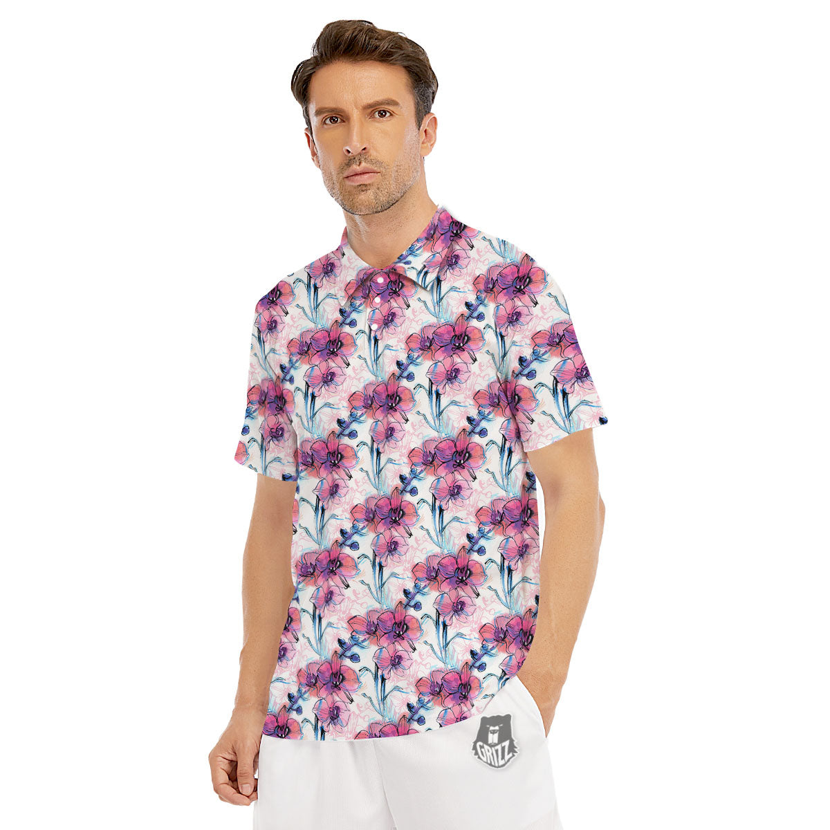 Orchid Drawing Print Pattern Men's Golf Shirts-grizzshop