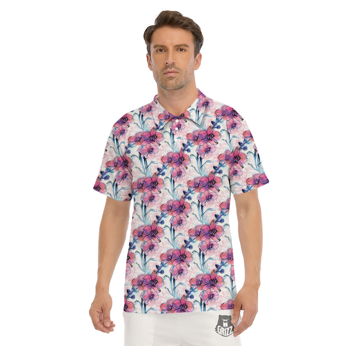 Orchid Drawing Print Pattern Men's Golf Shirts-grizzshop