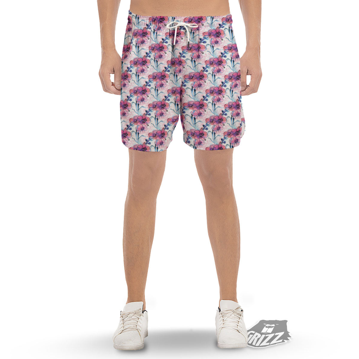 Orchid Drawing Print Pattern Men's Gym Shorts-grizzshop