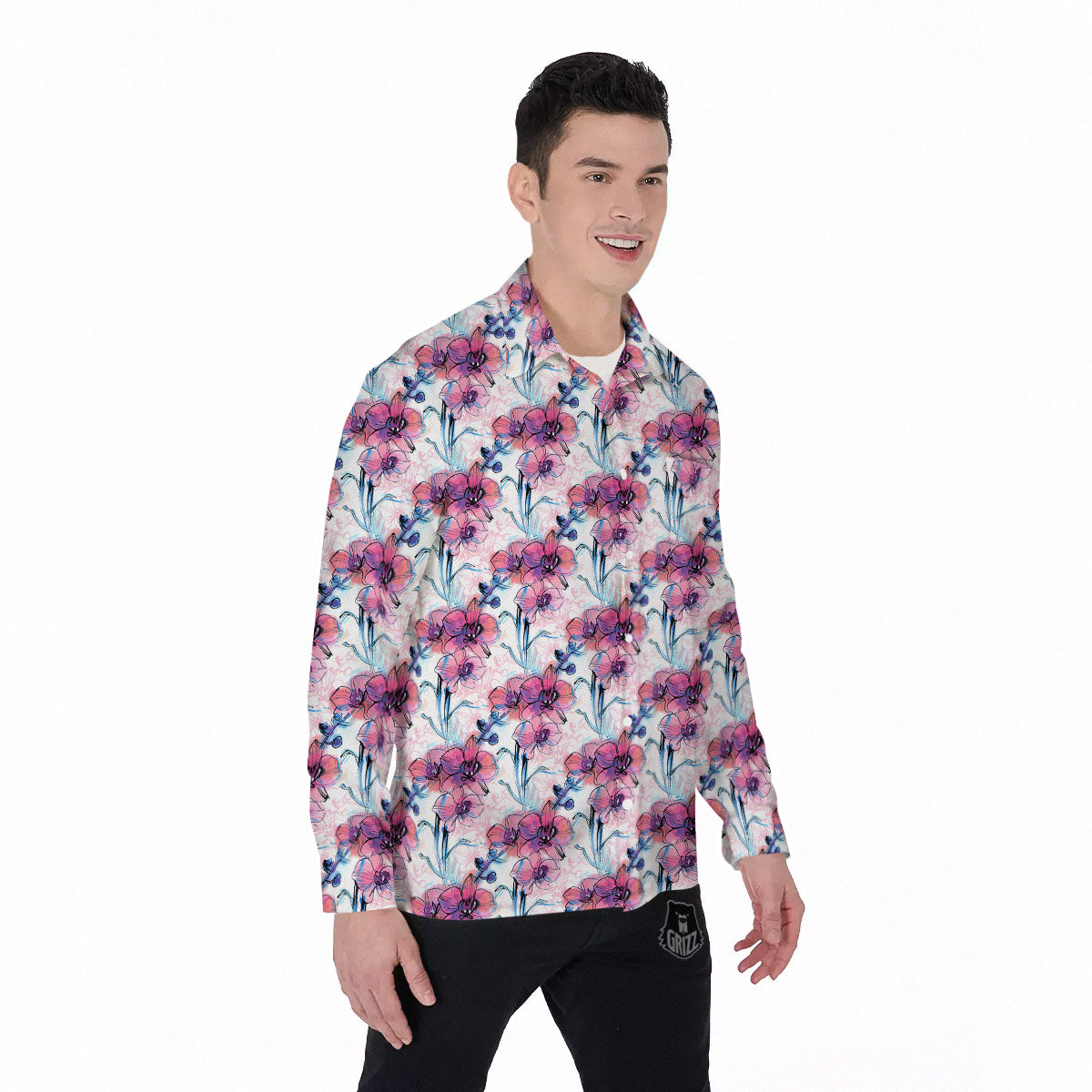 Orchid Drawing Print Pattern Men's Long Sleeve Shirts-grizzshop