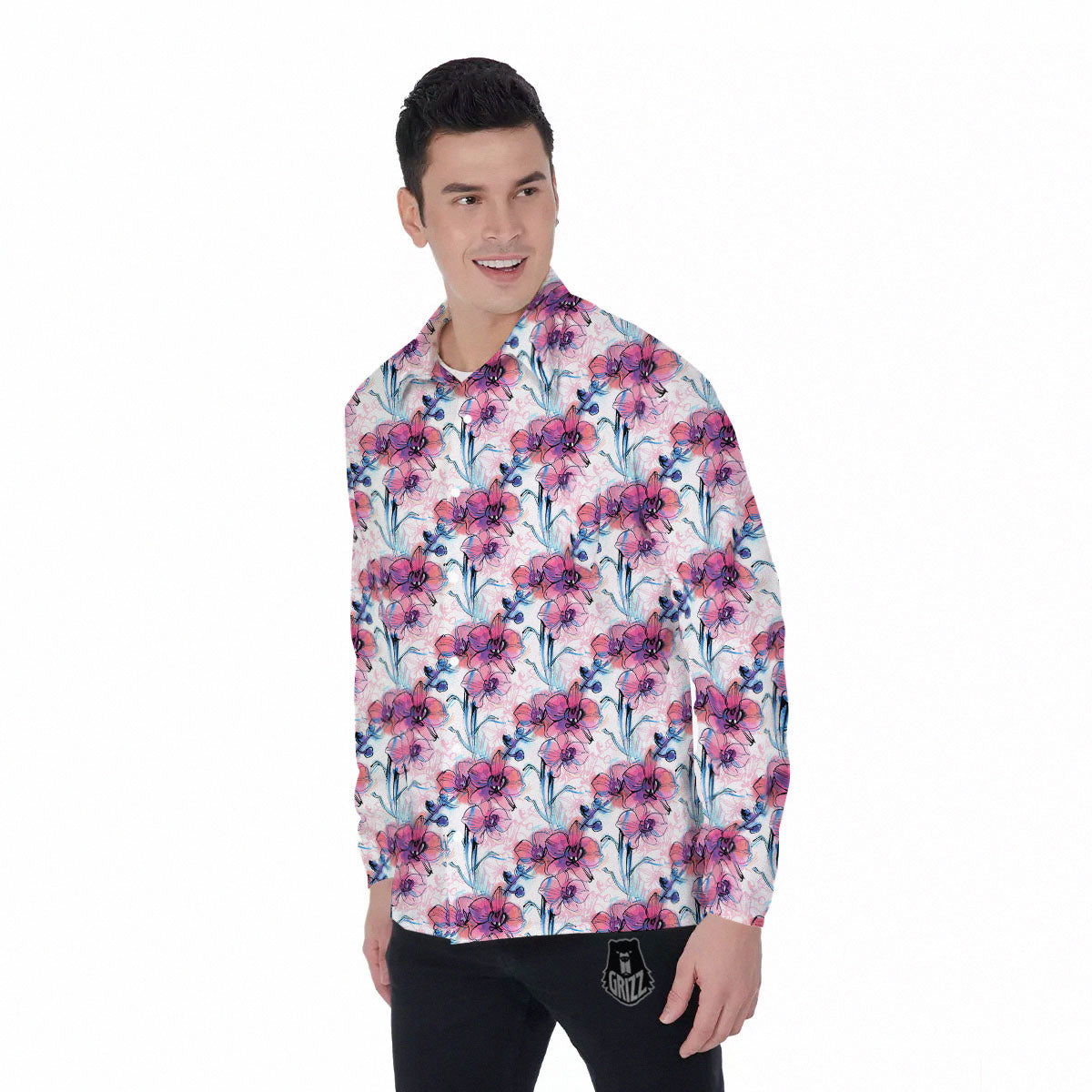 Orchid Drawing Print Pattern Men's Long Sleeve Shirts-grizzshop
