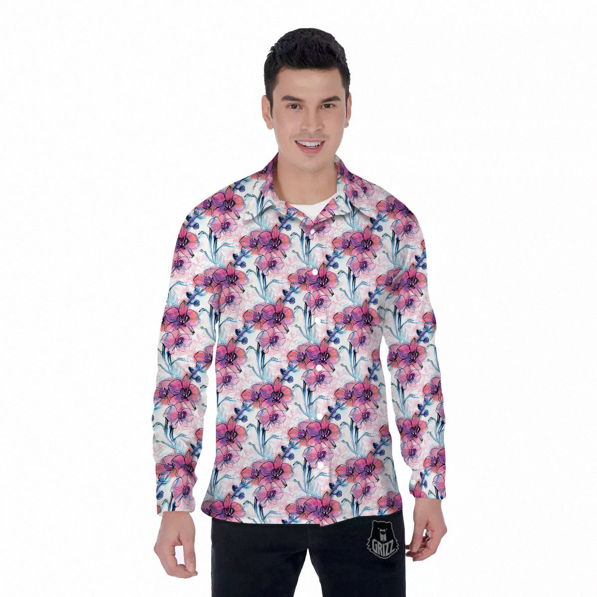 Orchid Drawing Print Pattern Men's Long Sleeve Shirts-grizzshop