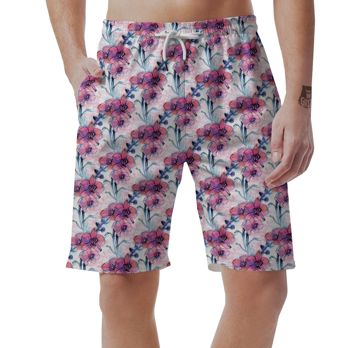 Orchid Drawing Print Pattern Men's Shorts-grizzshop