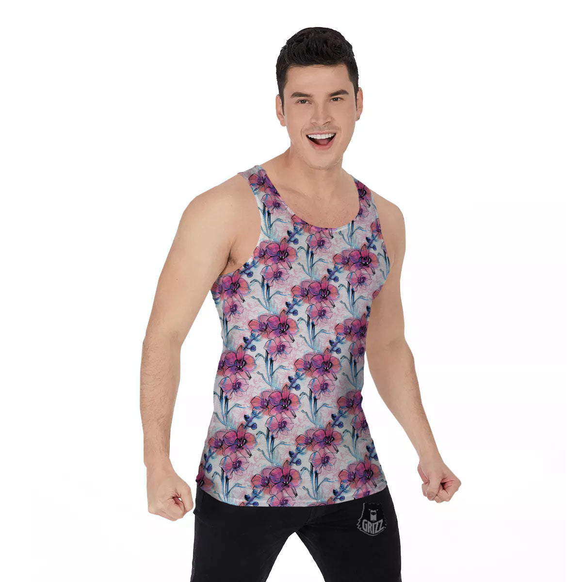 Orchid Drawing Print Pattern Men's Tank Top-grizzshop