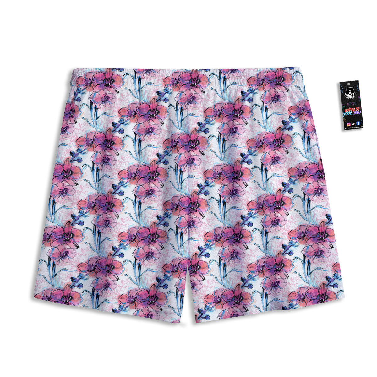 Orchid Drawing Print Pattern Mesh Shorts