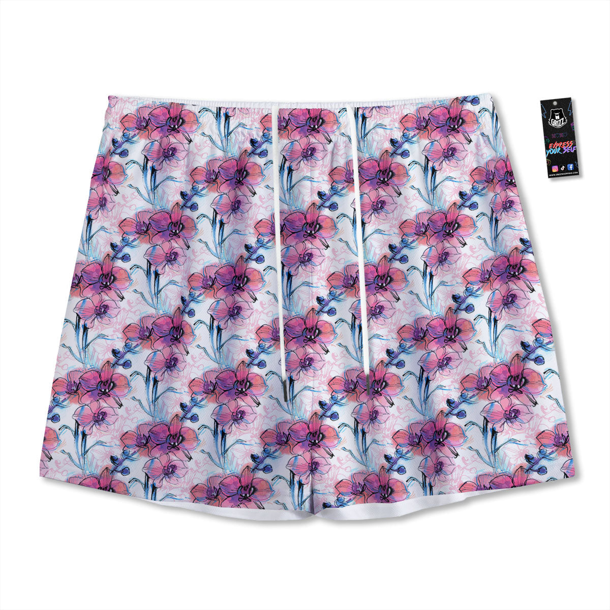 Orchid Drawing Print Pattern Mesh Shorts