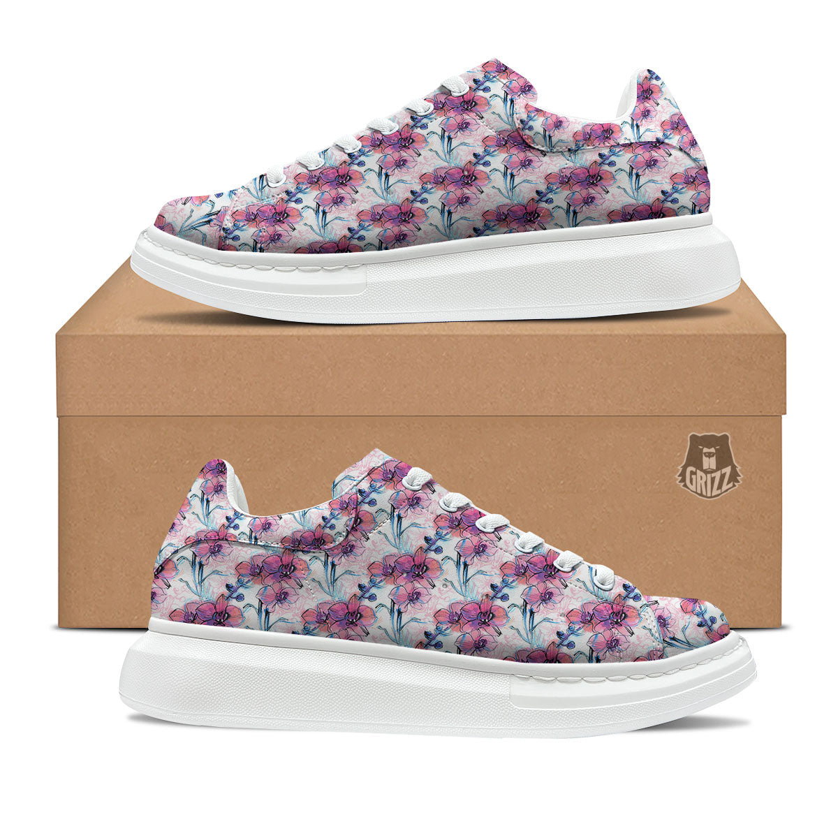 Orchid Drawing Print Pattern Platform Shoes-grizzshop
