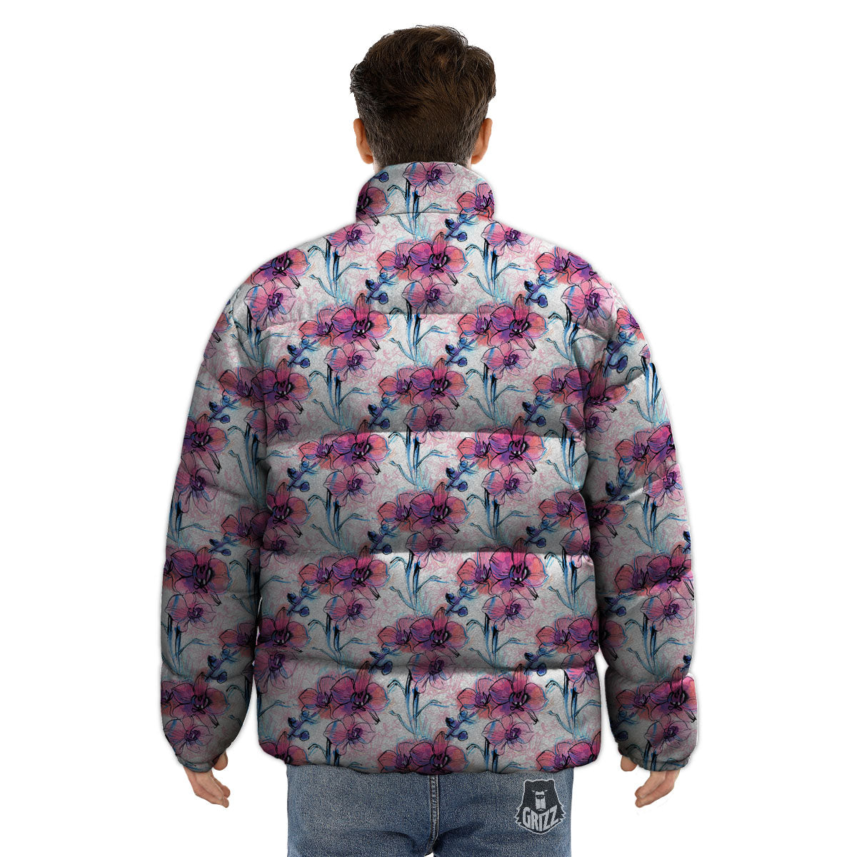 Orchid Drawing Print Pattern Puffer Jacket-grizzshop