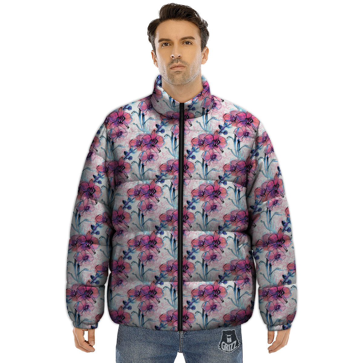Orchid Drawing Print Pattern Puffer Jacket-grizzshop