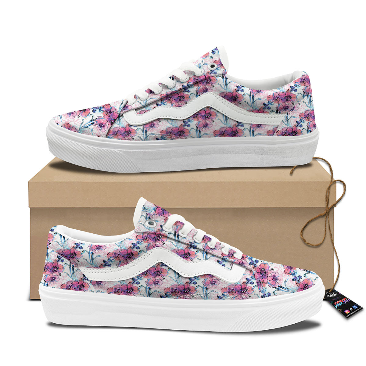 Orchid Drawing Print Pattern Skate Shoes-grizzshop
