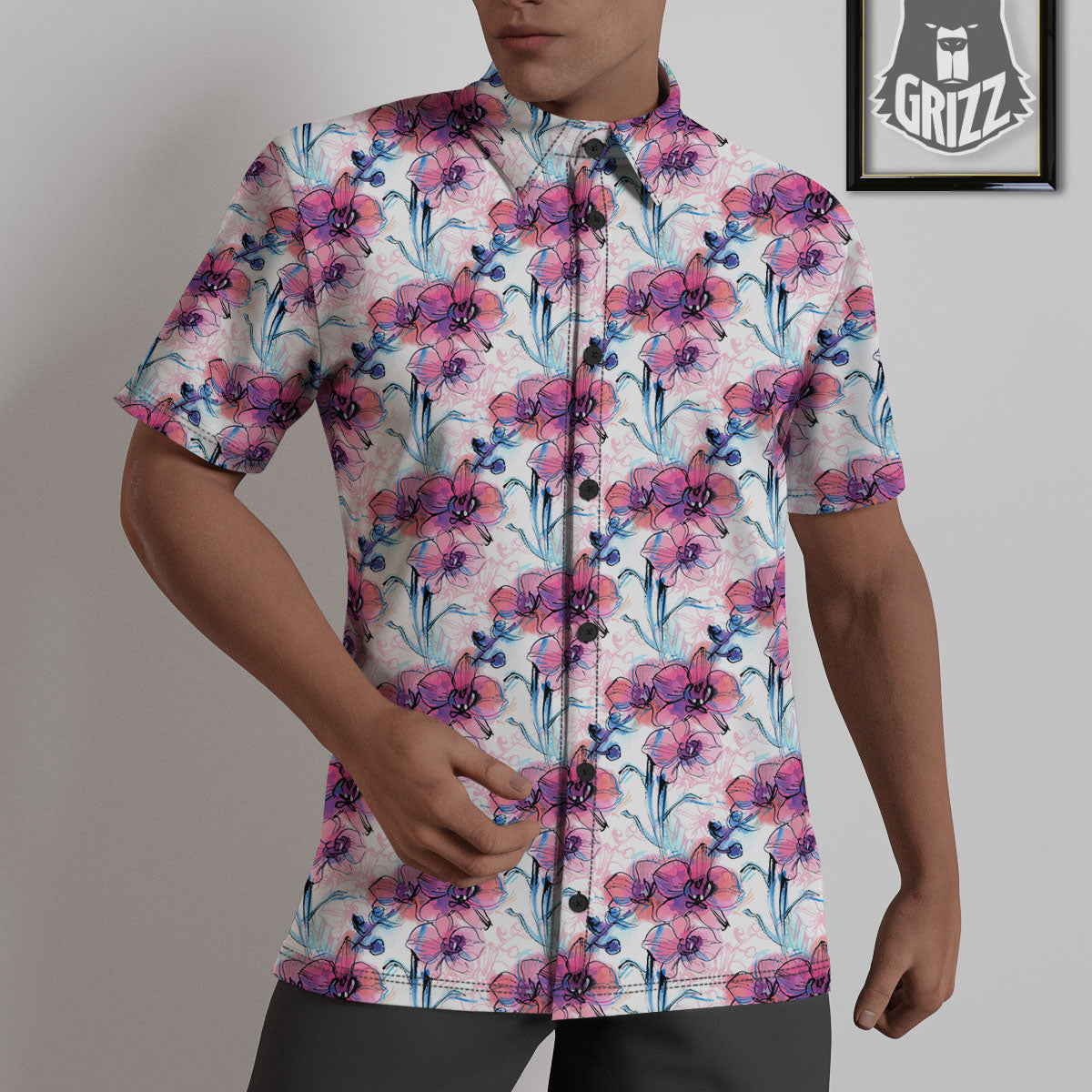 Orchid Drawing Print Pattern Untucked Shirts-grizzshop