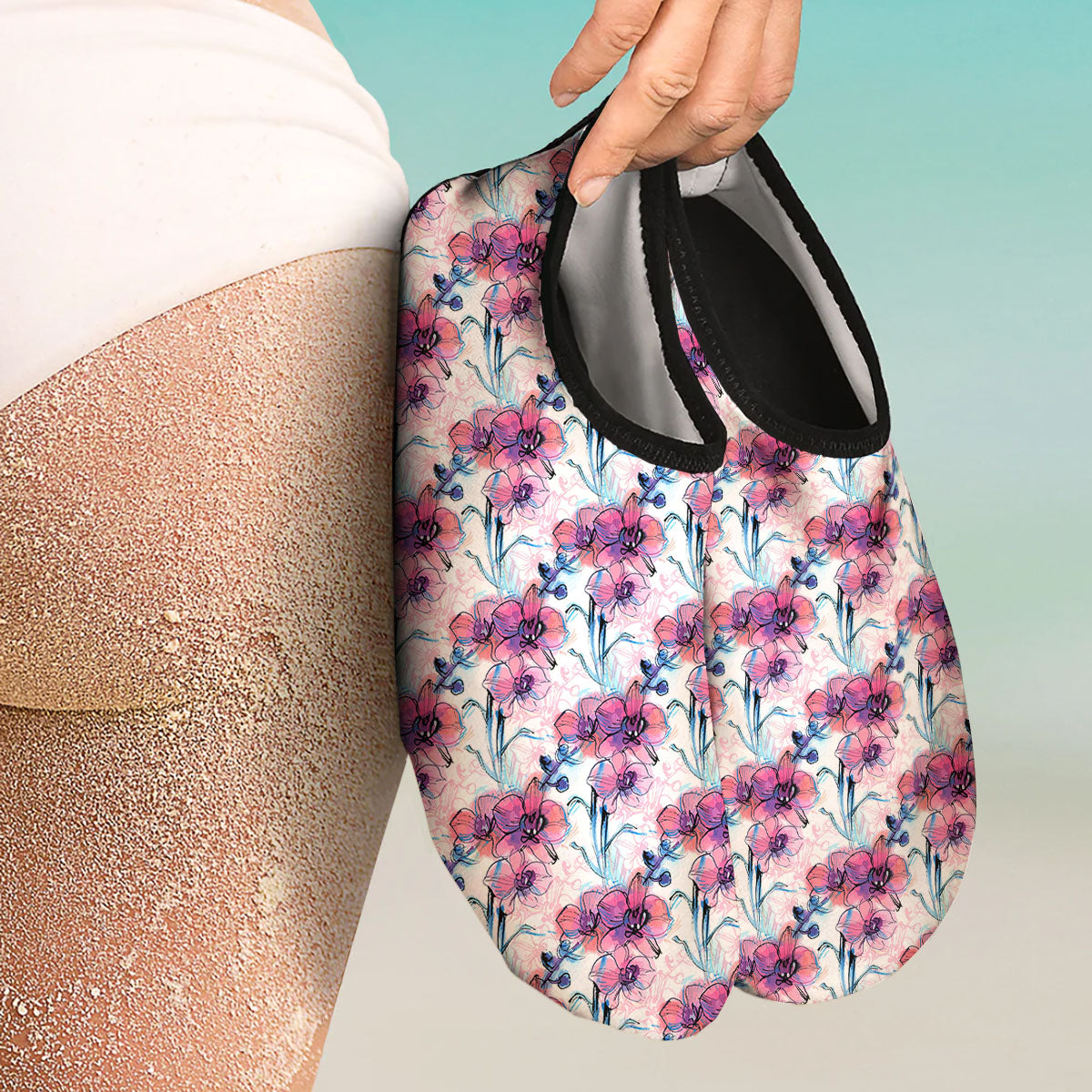 Orchid Drawing Print Pattern Water Shoes-grizzshop