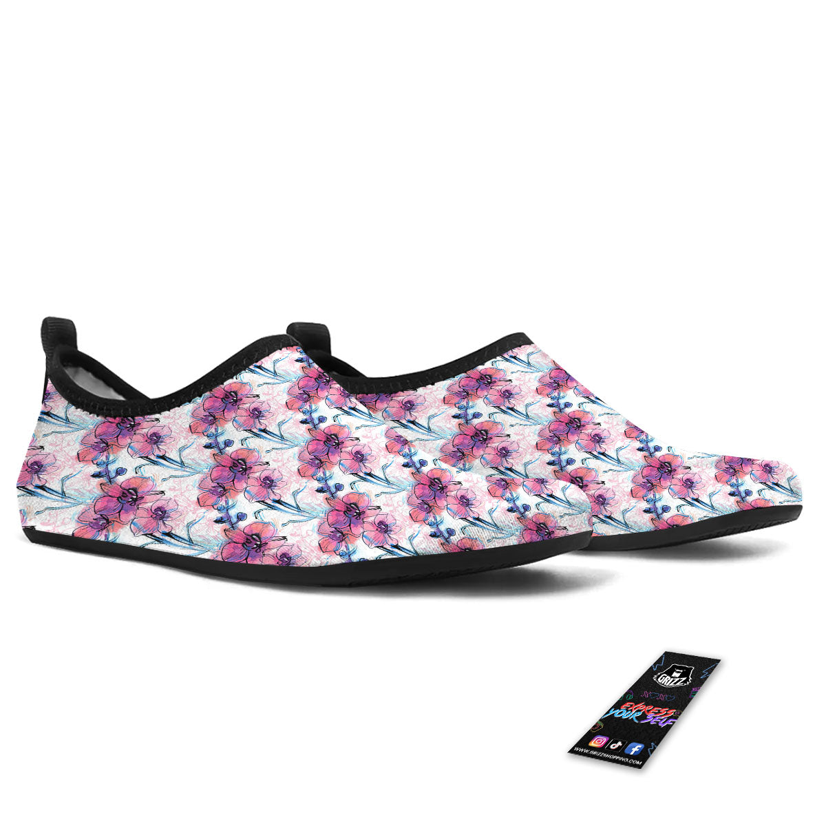 Orchid Drawing Print Pattern Water Shoes-grizzshop