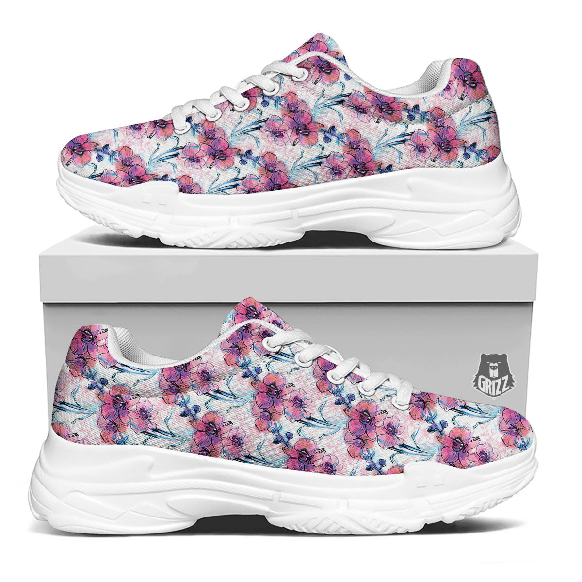 Orchid Drawing Print Pattern White Chunky Shoes-grizzshop