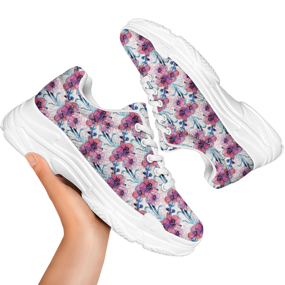 Orchid Drawing Print Pattern White Chunky Shoes-grizzshop