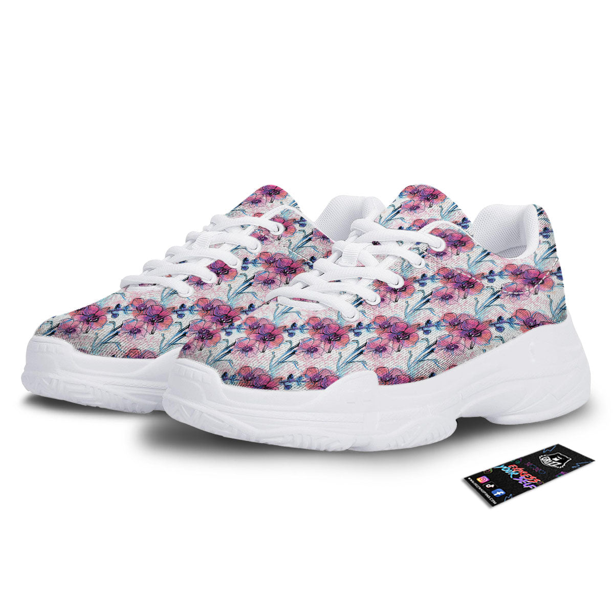 Orchid Drawing Print Pattern White Chunky Shoes-grizzshop