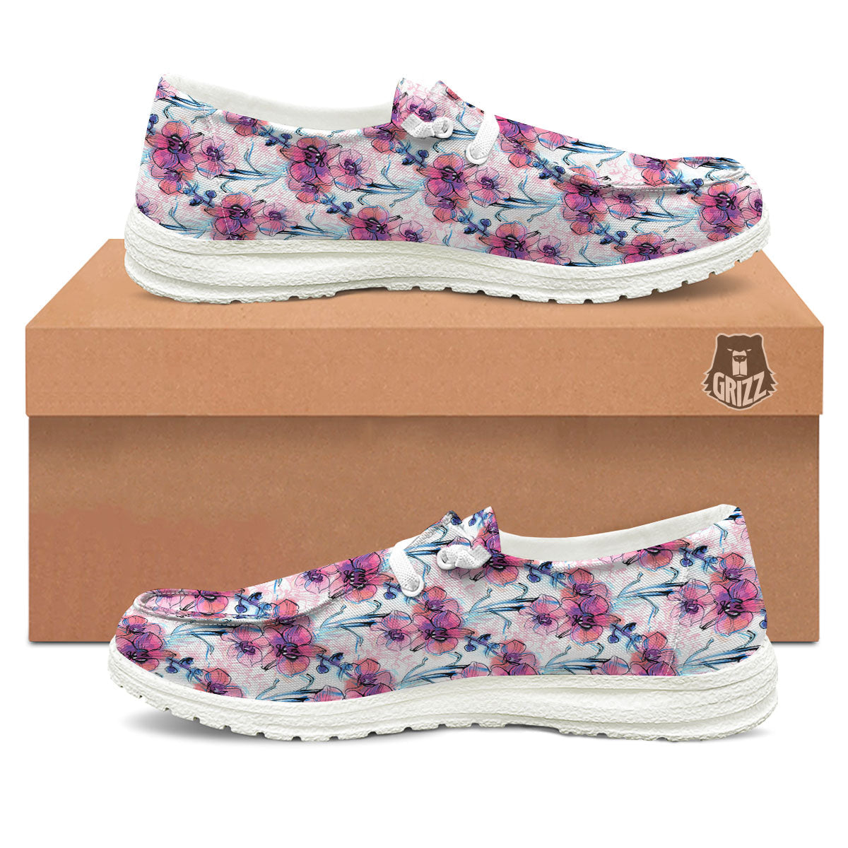 Orchid Drawing Print Pattern White Loafers-grizzshop